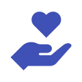Blue hand holding heart on black background.