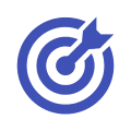 Bullseye target with arrow, blue icon.
