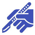 Blue hand holding a scalpel icon.